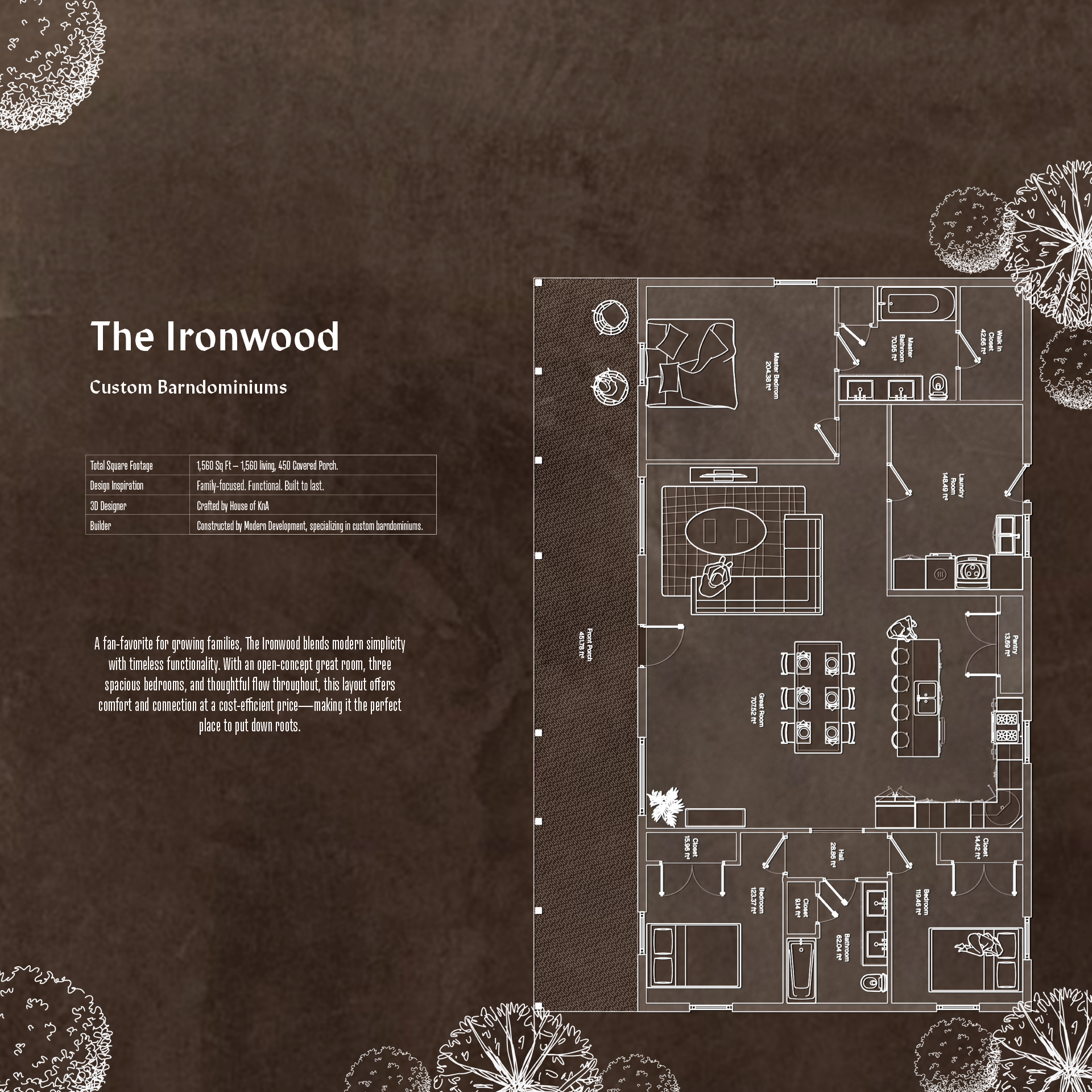 Ironwood barndominium floor plan and 3D rendering Tennessee home design